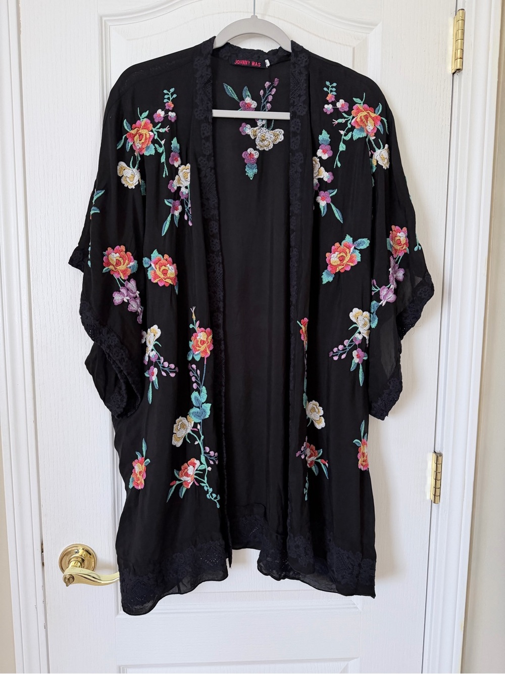 Johnny Was Calla Kimono Black Floral Embroidered Lace Trim Size M